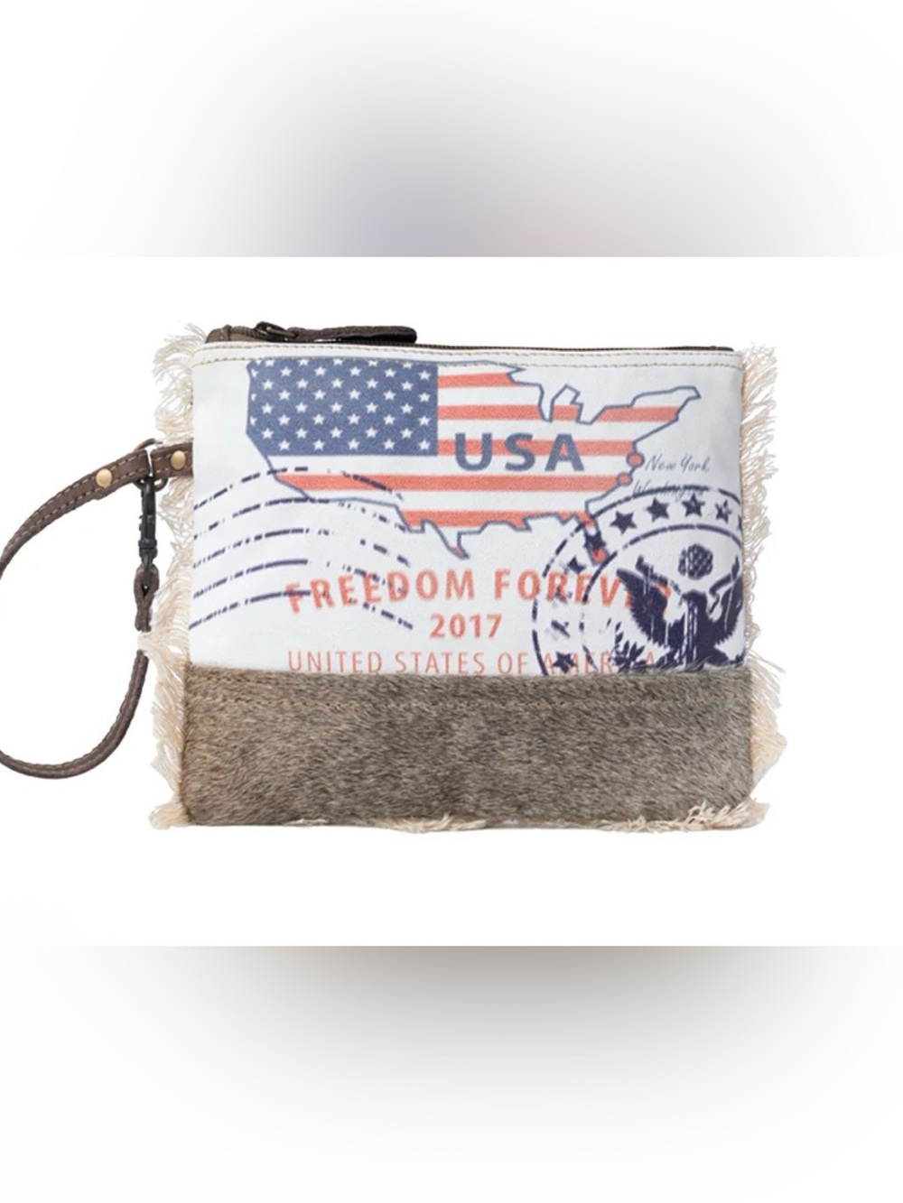 Myra Bag Red, White & Blue Patriotic Canvas Wristlet with Fur Trim